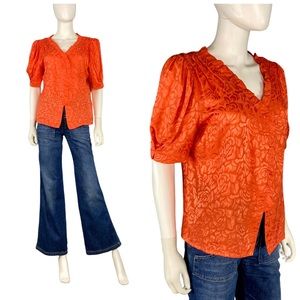 Vintage 80s red silk puff sleeve rose print short sleeve shirt top blouse